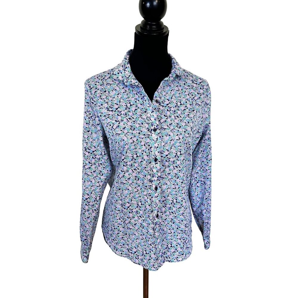 Levis Strauss Co Womens Top Medium Blue Floral 1970s Poly Long Sleeve Shirt